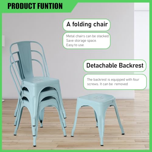 Dopinmin Dining Chairs Set of 4, Blue Metal Armless Stackable Indoor/Outdoor Patio Chairs, 18' Seat Height - color: Blue