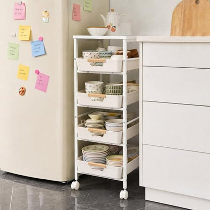 Garvee 5-Tier Slim Rolling Storage Cart, 12.6" Wooden Top Narrow Kitchen Carts on Wheels with Pull-Out Baskets, Mobile Shelving Unit Organizer for Kitchen, Bathroom, Laundry Room, Small Spaces