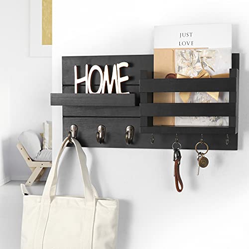 Lwenki Mail Organizer for Wall Mount – Key Holder with Shelf Includes Letter Holder and Hooks for Coats, Dog Leashes – Rustic Wood with Flush Mounting Hardware (16.5” x 8.7” x 3.5”) - color: Black