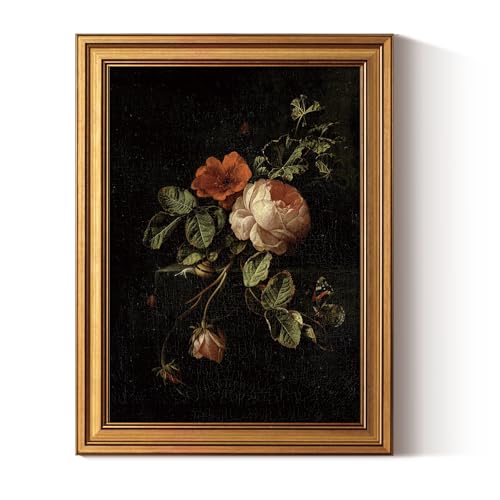VIYYIEA Vintage Gold Framed Wall Art, Botanical Dark Academia Moody Canvas Decor, Aesthetic Classical Roses Still Life Pictures, Victorian Picture Photo Frame Wall Decor for Gallery Bathroom Bedroom, 12x16inch - color: Roses Still Life, size: 16"L x 12"W