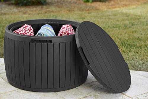 Keter Circa 37 Gallon Wood Panel Style Round Outdoor Deck Box and Storage Table, Grey - color: Grey