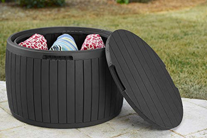 Keter Circa 37 Gallon Wood Panel Style Round Outdoor Deck Box and Storage Table, Grey - color: Grey