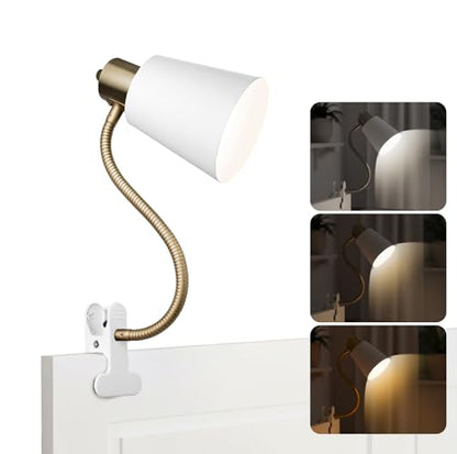 Desk lamp Eye-Caring Table Lamps, 360°Rotation Gooseneck Clip on Lamp Reading Light, Portable Reading Book Light, Clamp Light, Study Desk Lamps for Bedroom and Office Home Lighting (Black and White) - color: White and Gold