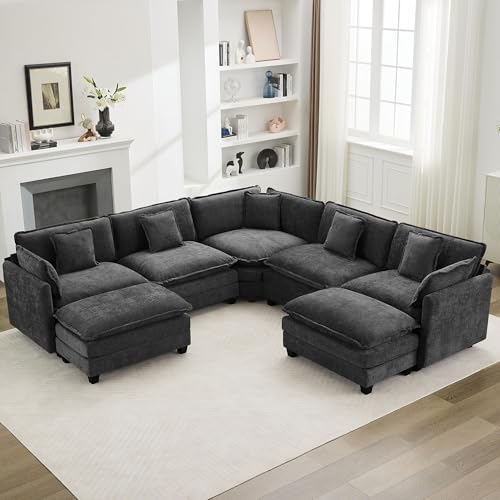 113'' V Shaped Cloud Sectional Sofa, Oversized Deep Seat Couches for Living Room, Chenille Comfy Upholstered Modular Sectional Sofa Couch with 2 Movable Ottoman, Dark Grey - color: Dark Grey, size: 113'' V Shaped+2 Ottoman