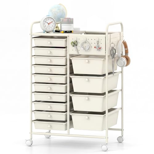 GOFLAME 14-Drawer Rolling Storage Cart with Pegboard, Craft Storage Cart with Lockable Wheels and Metal Frame, Multifunctional Art Cart Supply Storage Organizer for Home Office Classroom, White - color: White, size: 14-drawer with Pegboard-25"x14.5"x34.5"