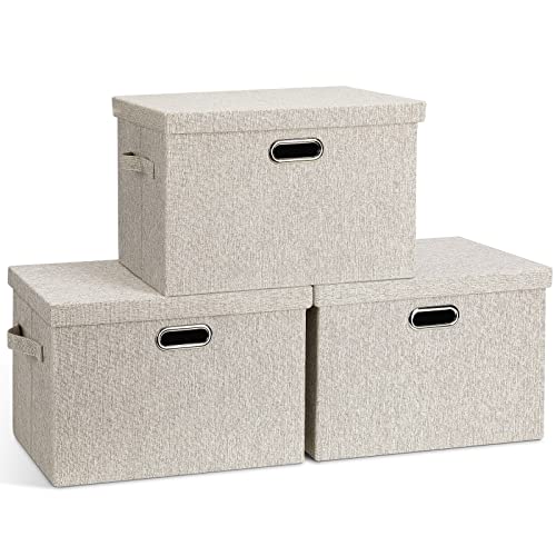 Graciadeco Large Quart Collapsible Stackable Storage Bins with Lids, 3 Packs Beige Linen Fabric Closet Boxes with Lids, Storage Cube Baskets Container Organizers for Bedroom Office(16.6 x 11.7 x 10.8) | 36 Quart 3 Pack Beige Collapsible Stackable Linen Fa