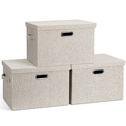 Graciadeco Large Quart Collapsible Stackable Storage Bins with Lids, 3 Packs Beige Linen Fabric Closet Boxes with Lids, Storage Cube Baskets Container Organizers for Bedroom Office(16.6 x 11.7 x 10.8) | 36 Quart 3 Pack Beige Collapsible Stackable Linen Fa