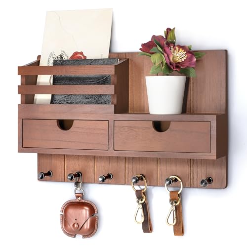 Rebee Vision Key Holder Wall Mount with 2 Drawers for Entryway, Brown | Mail Organizer for Wall, 6 Key Hooks, Mail Sorter, Can Hold Letters, Room Decor Aesthetic, Apartment Essentials, Home Storage - color: Brown