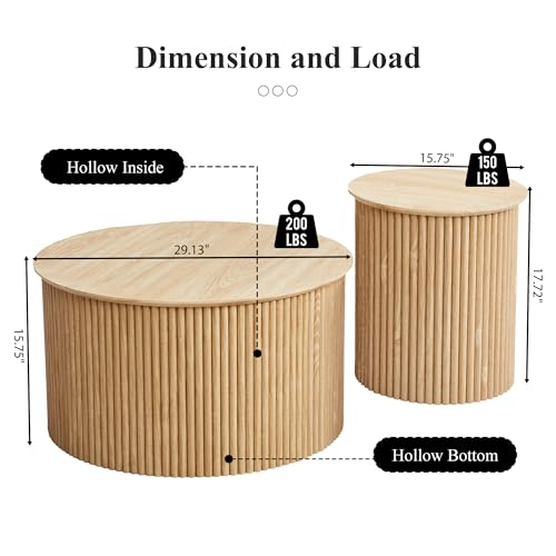 Fluted Round Nesting Coffee Table Set of 2 Circle Center Tables Living Room | Boho Modern Wood Coffee Tables and End Table Set, Wood Side Table Minimalist Center Tables for Living Room, Office(Natural) - color: Wood, size: Medium-Fluted