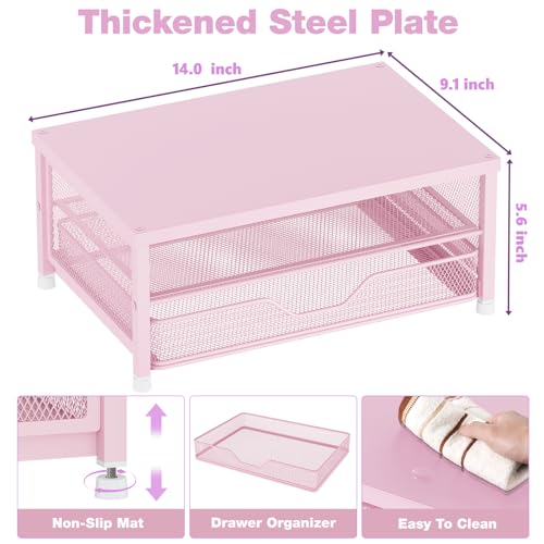 Computer Monitor Stand Riser, Desk Organizer with Drawer, Printer & Laptop Stand, Office Desk Accessories & Workspace Desktop Organizers Storage for Office Supplies(Pink) - color: Pink