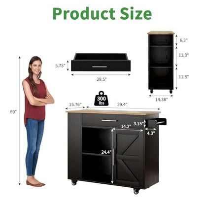 Kitchen Island with Storage, 39'' W Rolling Kitchen Island on Wheels, Black | 3-Tier Spice Rack, Drawer Storage, Adjustable Shelf & Towel Rack, Casters, Mobile Island Table for Kitchen, Dining Room - style: BLACK