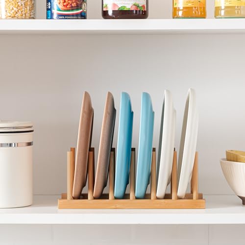 HBlife 4pcs Bamboo Dish Plate Bowl Cup Book Pot Lid Cutting Board Drying Rack Stand Drainer Storage Holder Organizer Kitchen Cabinet（Keep Dry） - color: Bamboo 6 Slots 4pcs