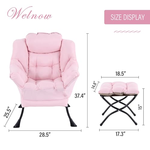 Welnow Lazy Chair with Ottoman, Reading Chair with Footrest，Pink | A Side Pocket,Armrests,Foldable Footrest,Thick Cushioned Seat & Backrest, Lounge Chair for Bedroom,Living Room & Small Space - color: Pink
