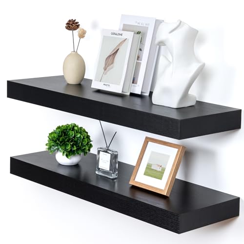 Deep Floating Shelves, 36'' x 12'' Black Shelves for Wall Set of 2 | Invisible Brackets, Engineered Wood, Mounting Hardware Included, 55LBS, Bathroom, Laundry Room, Kitchen, Living Room - color: Black, size: 35.6W x 11.6D x 2H, 2 Pack