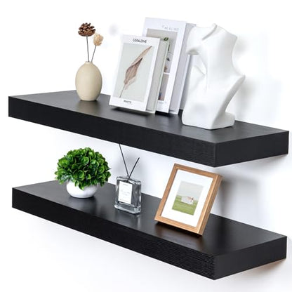 Deep Floating Shelves, 36'' x 12'' Black Shelves for Wall Set of 2 | Invisible Brackets, Engineered Wood, Mounting Hardware Included, 55LBS, Bathroom, Laundry Room, Kitchen, Living Room - color: Black, size: 35.6W x 11.6D x 2H, 2 Pack