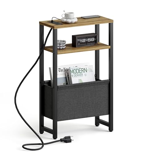 Narrow Side Table with Charging Station Slim End Table Sofa with Magazine Rack, Bedside Table for Small Spaces, 3 Tier Nightstand for Living Room Couch, Bedroom Walnut Brown LET503BRE - color: Walnut Brown, style: With Charging Station