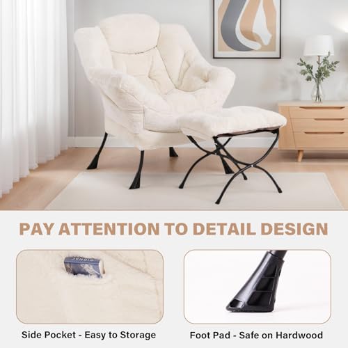 Lazy Chair with Ottoman, Comfy Reading Accent Chair, Plush Beige | Foldable Footrest, Padded Seat and Backrest, Side Pocket for Lounging in Living Rooms, Bedrooms, Dorms and Small Spaces - color: Plush-beige