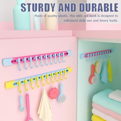 OULIGET Utility Slide Rail Hook,Under Cabinet Kitchen No Punching Hooks for Hanging Utensil,Bathroom Bedroom Office Wall Door Rack with 10 Hooks,2Pieces - color: Blue Pink