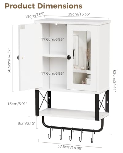 BEWISHOME Bathroom Medicine Cabinet Mirror with Towel Bar | Wall Cabinet with Adjustable Shelf Hooks, Space-Saving Over-Toilet, 7.1 x 15.4 x 24.4 Inches, White - color: White
