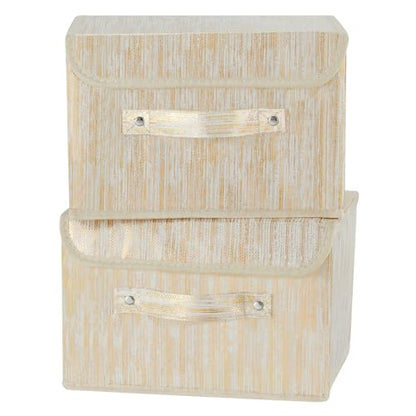 2PCS Storage Boxes with Lids Luxury Metallic Fabric Bins Baskets | Decorative Collapsible Stackable, Clothes Container Organizer with Handles for Shelf Closet Home Bedroom Office, Gold, Small - size: Small (Set of 2)