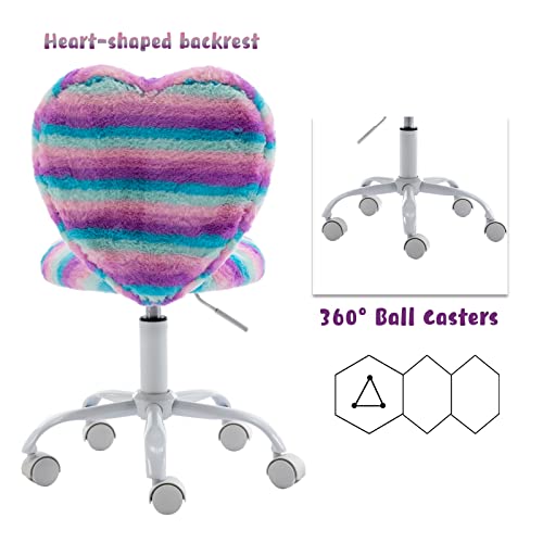 chairus Kids Desk Chair Faux Fur Small Study Chair for Teenage Girls, Adjustable Heart Shaped Kids Vanity Chair for Bedroom Reading Living Room, Cute Student Task Chair with White Foot, Rainbow - color: Rainbow