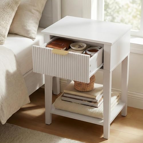 FuniXpress Small Nightstand, 15" Wide, Drawer and Shelf, White Fluted Front | Bright white tone, clean fluted front, 11.8-inch slim depth, smart storage, keeps small rooms light and organized - color: White