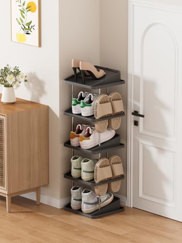 Vertical Shoe Rack,5 Tiers Stackable Shoe Rack for 10 Pairs, Narrow Shoe Tower,Space Saving, for Entryway, Living Room, Bedroom,Closet,DIY Free Standing Shoe Organizer(Black, 5 Tiers) - color: Black, size: 5 Tiers