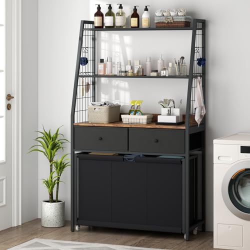 STIKELY Laundry Hamper Laundry Basket with 3 Section Pull-Out Rolling Bags & 2-Tier Storage Shelf, Laundry Sorter for Organization and Storage with 2 Drawers for Laundry Room, Bathroom - color: Brown+Black, size: 62.99'' x 32.68'' x 15.75''