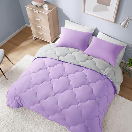 Comfort Spaces Vixie Reversible Comforter Set - Trendy Casual Geometric Quilted Cover, All Season Down Alternative Cozy Bedding, Matching Sham, Lavender/Gray, Full/Queen 3 piece | Down Alternative, All Season, Bedding for Bedroom, Geometric Pattern, Rever
