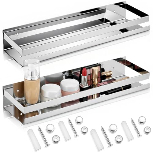 Lallisa 2 Pieces Stainless Steel Shelf Bathroom Shower Floating Shelves Wall Mounted Shower Caddy Basket Shelf Storage Organizer Shelves for Bathroom, Kitchen, Living Room (15.75 Inch/ 40 cm,Shiny) - color: Shiny, size: 15.75 Inch/ 40 cm