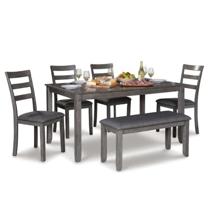 Signature Design by Ashley 6-Piece Dining Table Set with Bench, Gray | Plush gray polyester seats, Wood, veneer and engineered wood build, Space-saving tuck-under bench, Bridson Series - color: Grey