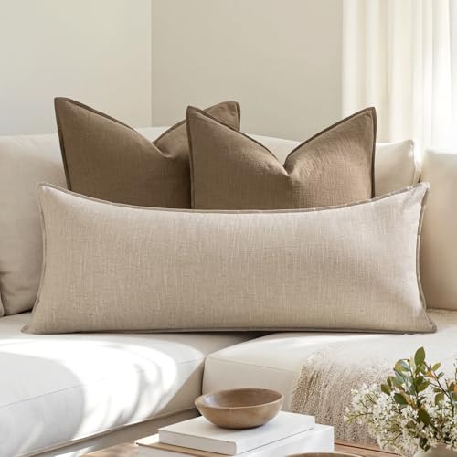 MIULEE 장식용 리넨 요추 베개 커버 35.6x91.4cm 내추럴 베이지 | Boho Farmhouse 뉴트럴 소파 침대용 롱 스로우 베개, 액센트 모던 베개 커버 1팩, 소파 거실 홈 데코 - color: 내추럴 베이지., size: 36" x 14" (Pack of 1)