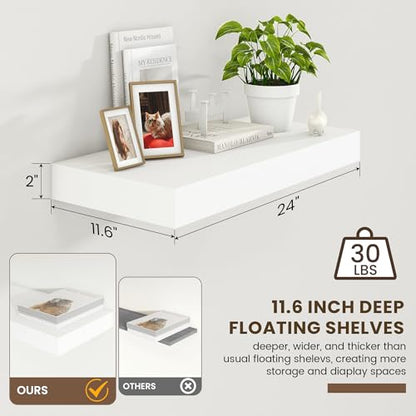 Deep Floating Shelves, 24'' x 12'' White Shelves for Wall Set of 1 | Invisible Brackets, Engineered Wood, Mounting Hardware Included, 40LBS, Bathroom, Laundry Room, Kitchen, Living Room - color: White, size: 24W x 11.6D x 2H, 1 Pack