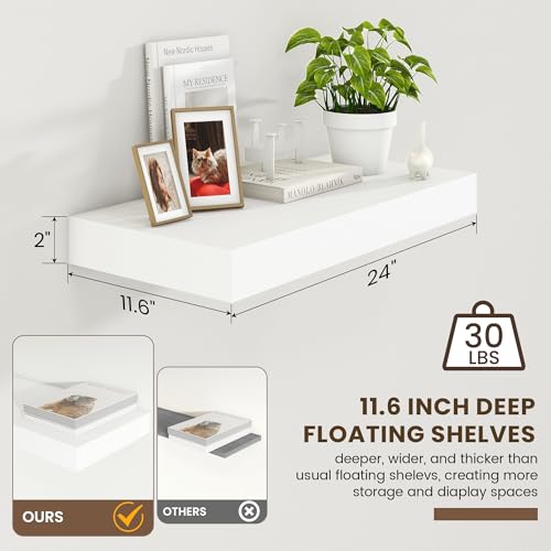 Deep Floating Shelves, 24'' x 12'' White Shelves for Wall Set of 1 | Invisible Brackets, Engineered Wood, Mounting Hardware Included, 40LBS, Bathroom, Laundry Room, Kitchen, Living Room - color: White, size: 24W x 11.6D x 2H, 1 Pack