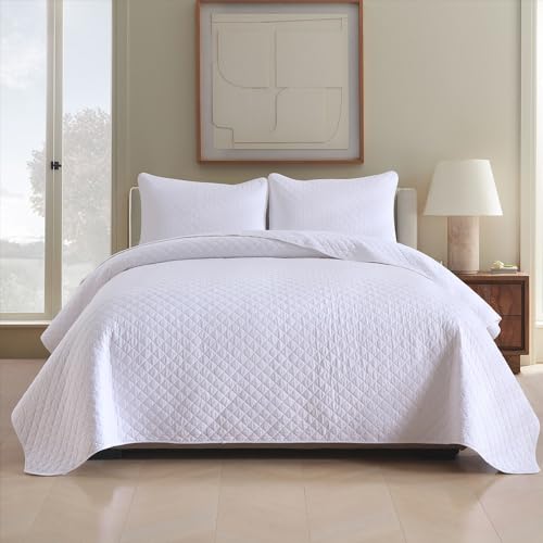 Wistown Cotton Queen Bedpread Quilt Bedding Set, White | 3 Pieces Reversible Lightweight Soft Coverlets Comforters, All Seasons, Diamond Stitching Pattern - color: White Diamond Pattern, size: Queen (90 by 98inch)