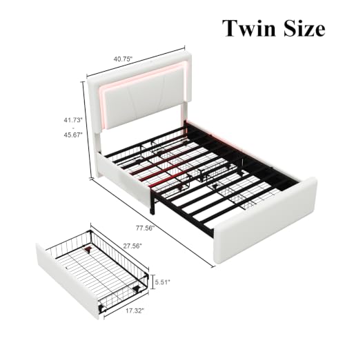Twin Size Bed Frame with 4 Storage Drawers, Upholstered Headboard, White | Modern Bed, Charging Station, LED Light, Adjustable Height Headboard, Noise-Free, No Box Spring Needed, Easy Assembly - color: White, size: Twin