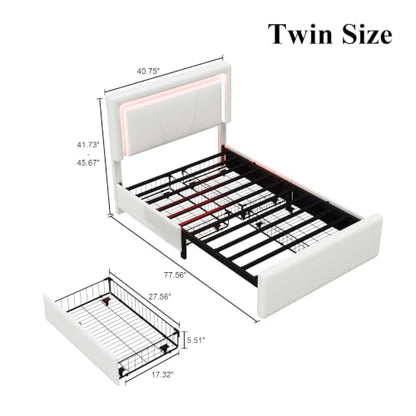 Twin Size Bed Frame with 4 Storage Drawers, Upholstered Headboard, White | Modern Bed, Charging Station, LED Light, Adjustable Height Headboard, Noise-Free, No Box Spring Needed, Easy Assembly - color: White, size: Twin
