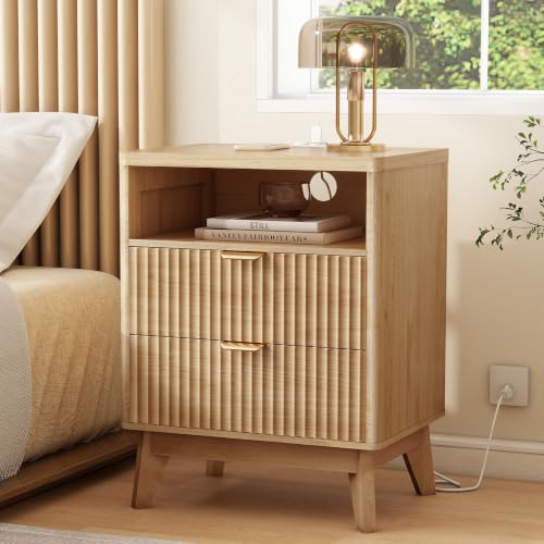 LYNCOHOME Fluted Nightstand with Charging Station, 19.7 inch Wide End Table with 2 Drawers, Modern Wood Bedside Table for Bedroom,Natural,1 Pcs - color: Natural, size: 15"D x 19.7"W x 25.5"H（2 Drawers）