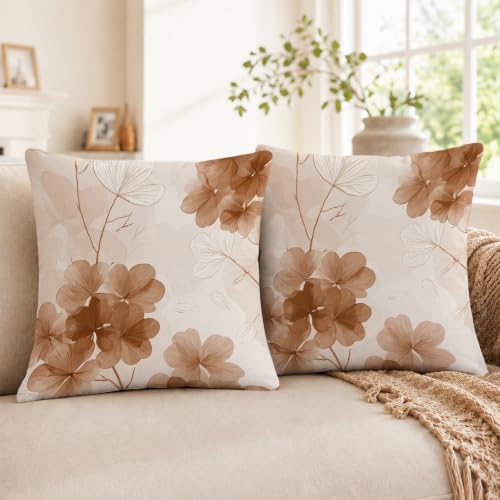 Floral 18x18 Throw Pillow Covers Set of 2, Decorative Vintage Floral Cushion Cases for Couch Sofa Bed, Morandi Peach Orange Nordic Linen Pillowcases Modern Home Decor Leaves-07 - color: Leaves-07