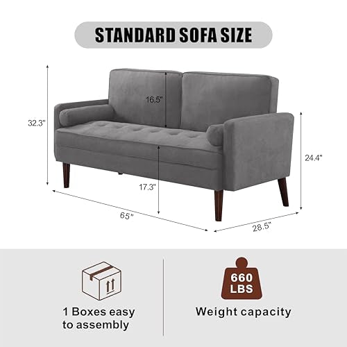 Modern Fabric Loveseat Sofa,2-Seater Small Couch Love Seat with Thick Cushion,65" Cozy Deep Seat Couches for Living Room Compact Home Office (Grey) - color: Grey