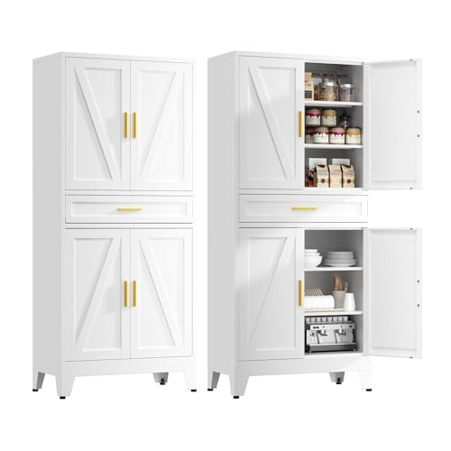 71" Tall Kitchen Pantry Cabinet,Farmhouse Pantry Cabinet,Metal Cabinet with Adjustable Shelves and Drawer,Storage Cabinet for Kitchen Dining Room Garage,White 1 Pack - color: White, size: 15.8"D x 31.5"W x 71"H-B