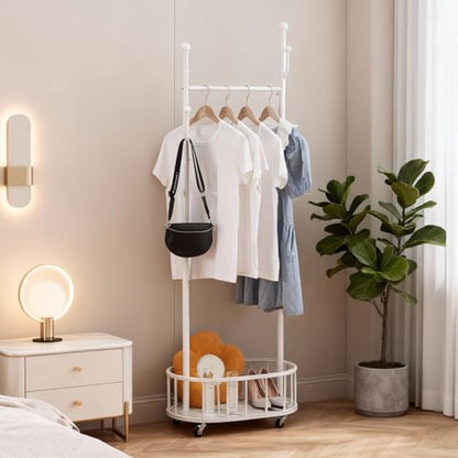 Free Standing Rolling Clothes Rack with Wheels Coat Rack - White | Small Narrow Cloth Hanger Metal Garment Racks for Bedroom Livingroom Lab Dress Shirts Rack with Storage Shelves - color: WHITE