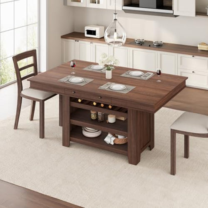Farmhouse Dining Counter Height Table with Wine Rack & 3 Shelves, 36" Wooden Tall Dining Table with 2 Drawers, Thick Frame Counter Height Kitchen Table for Bar & Entertaining, Retro Brown - color: Retro Brown