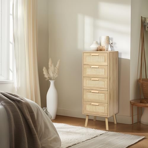 Finnhomy Rattan Dresser for Bedroom, Tall Dresser with 5 Hand Made Rattan Decorated Drawers, Small Chest of Drawers for Living Room, Closet, Hallway, Natural - size: 15.6"D x 15.7"W x 42.1"H (5 Drawers)