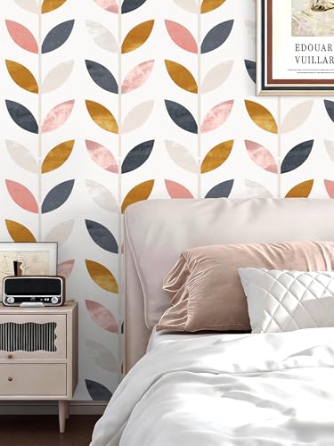 Floralplus Peel and Stick Wallpaper Boho Leaf Removable Wallpaper | Bathroom Renter Friendly Leaf Contact Paper Shelf Liner Vinyl Self Adhesive Wallpaper Wall Decor, 17.5 in x 118 in - color: White/Pink/Brown, size: 17.5" x 118"
