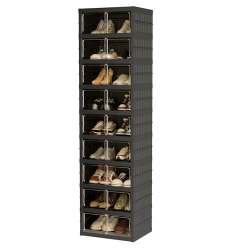 Foldable Shoe Organizer Storage Box, Portable Extra Large Folding Shoe Rack for Closet, Shoe Storage Box with Magnetic Transparent Door and Wheels, 9 Layers 18 Grids - size: Black 9 Layers-A
