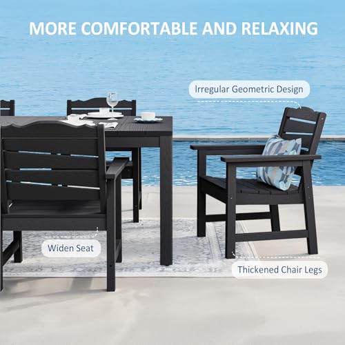7-Piece Patio Dining Set, 63" Outdoor Dining Rectangle Table w/Aluminum Frame and 6 Chairs, Weatherproof HIPS Dining Furniture with Umbrella Hole, for Backyard Garden Deck Poolside, Black - size: 7pcs set