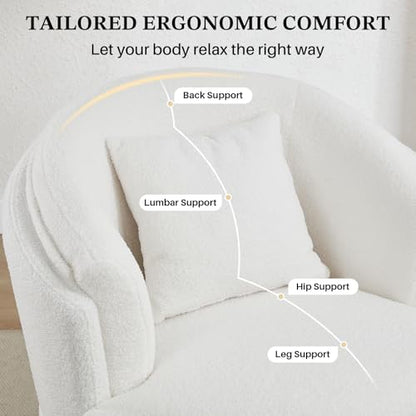 Boucle Swivel Accent Chair, Widened Round Barrel Chair with Pillow | Wide Padded Seat, Upholstered Boucle, Silent 360° Swivel Barrel Armchair for Living Room Bedroom Reading Nook, White - color: White