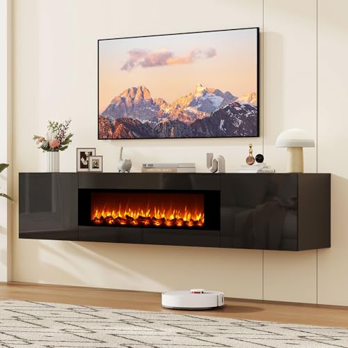 70" Wall Mounted Floating TV Stand with 36" Electric Fireplace, High Gloss Floating Entertainment Center TV Shelf for TVs Up to 80", Black Fireplace Media Console Table Floating TV Cabinet Living Room - color: Black, size: 70"-with fireplace