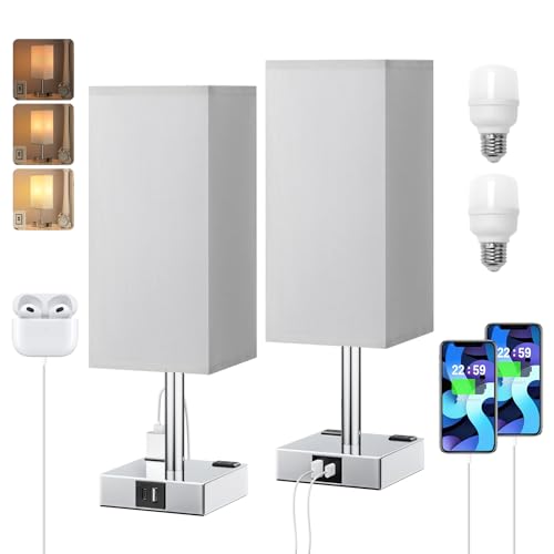 Set of 2 Grey Touch Table Lamp for Bedroom, Dimmable, USB C+A, 2 AC Outlets | 3-Way Dimming, 3000K Bulb Included, Square Grey Lampshade and Silver Base, Desk Lamp for Nightstand, Living Room, Dorm - color: Gray & Silver (2PCS), size: 14.0in